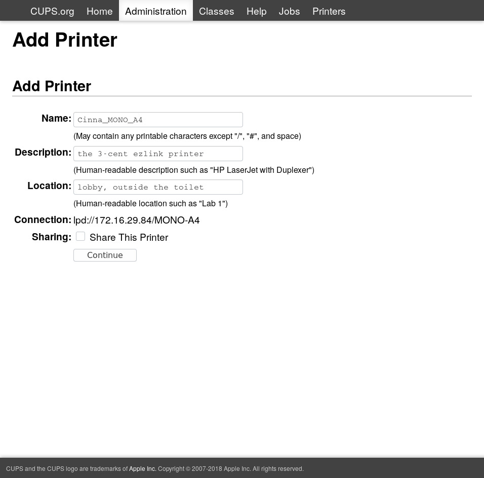 Enter printer name, description and location